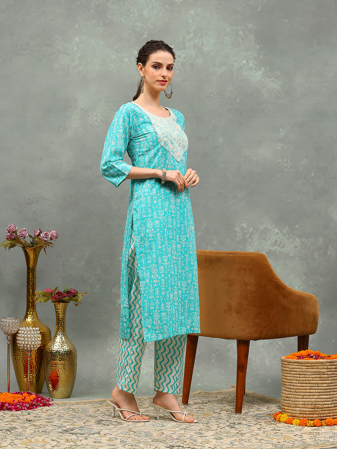 Printed Cotton Blend Kurta With Pants & Dupatta