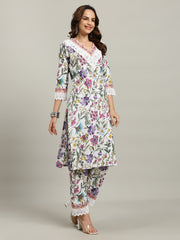Floral Parinted Cotton Blend Kurta With Pants & Dupatta