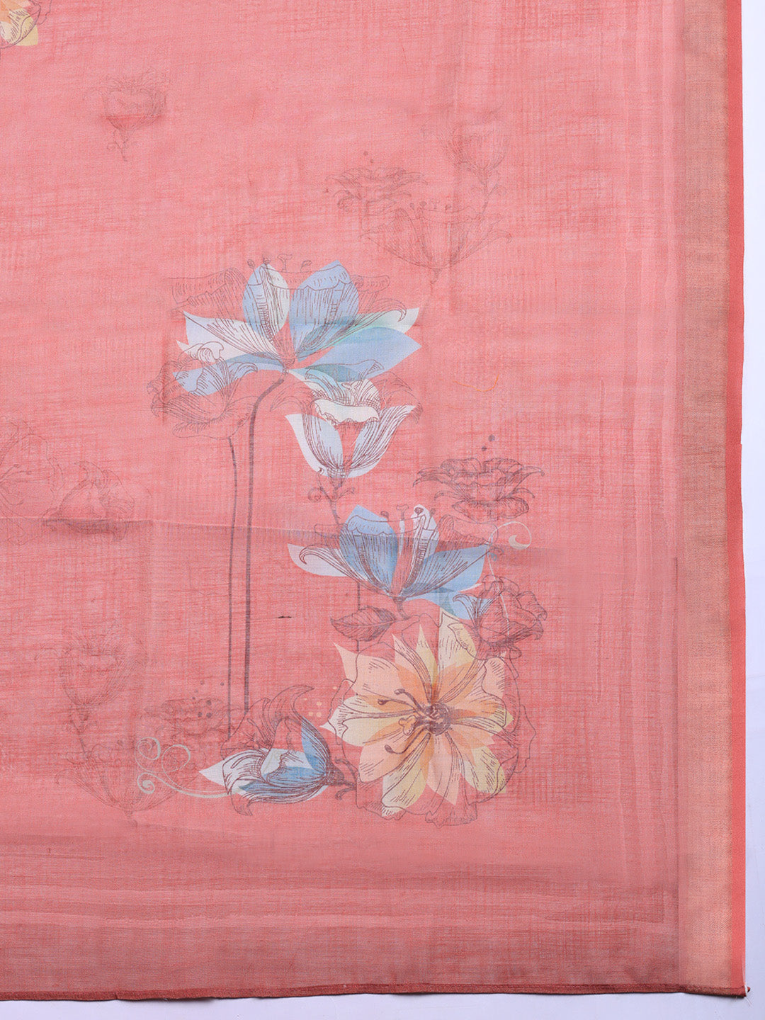 Printed Linen Blend Unstitched Suit With Pant &amp; Dupatta