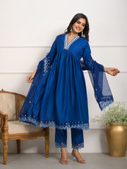 Neck Embroidery Muslin Kurta With Pants & Dupatta