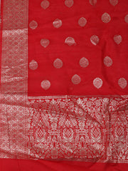 Embroidered Chanderi Cream-Red Unstitched Suit With Pant & Dupatta