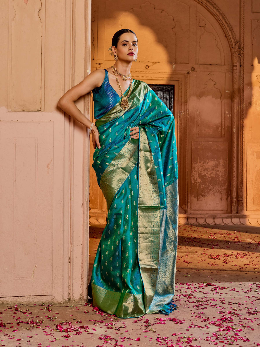 Lake Blue Hlame Woven Saree