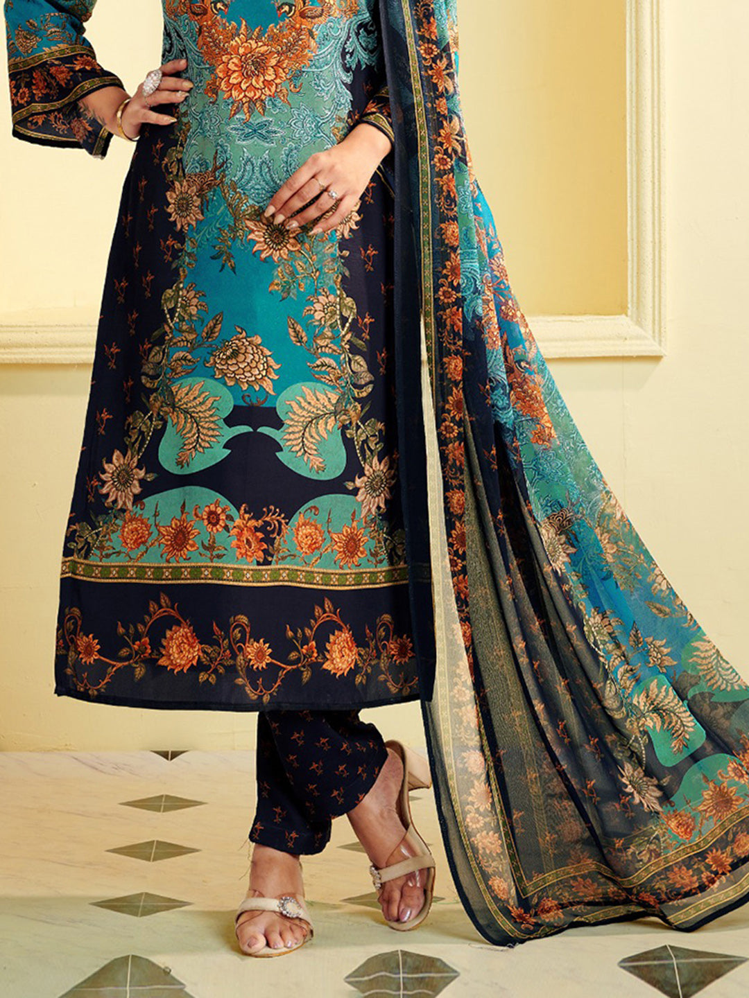 Printed Crepe Unstitched Suit With Pant &amp; Dupatta