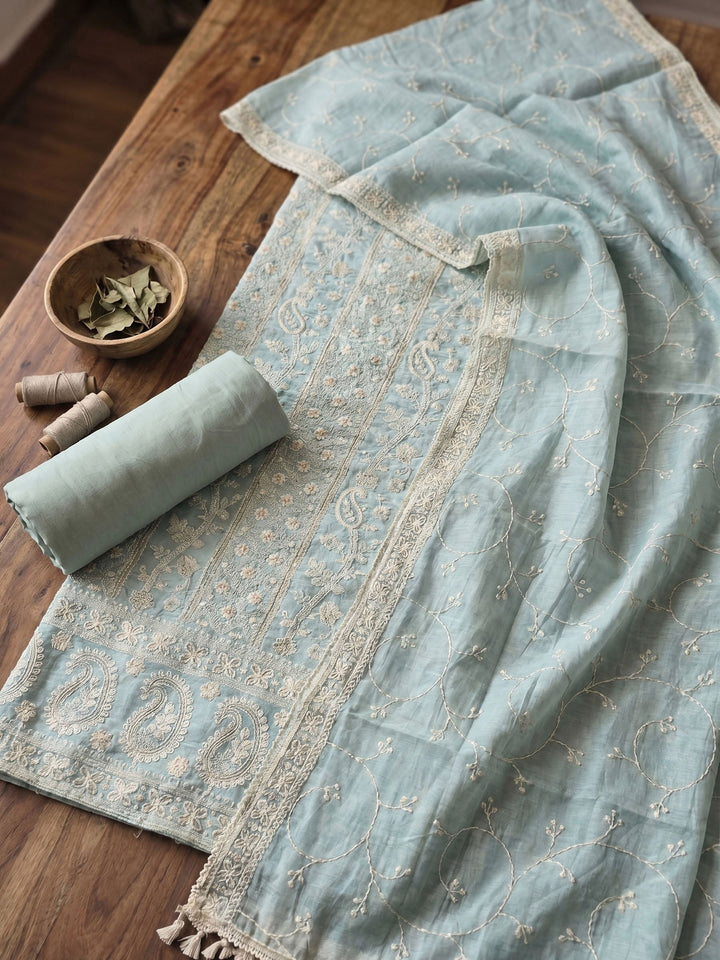 Thread Embroidered Cotton Blend Unstitched Suit With Dupatta