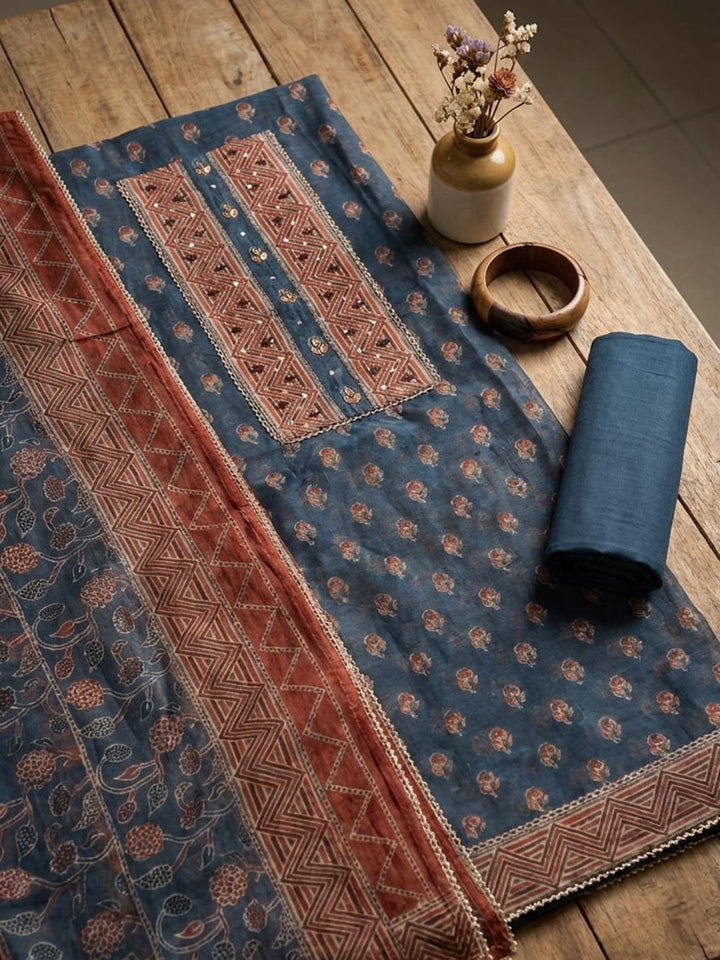 Printed Chanderi Unstitched Suit With Pant &amp; Dupatta