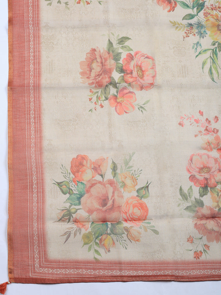 Printed Linen Blend Unstitched Suit With Pant &amp; Dupatta