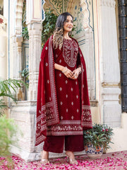 Neck Embroidered Velvet Kurta With Pants & Dupatta