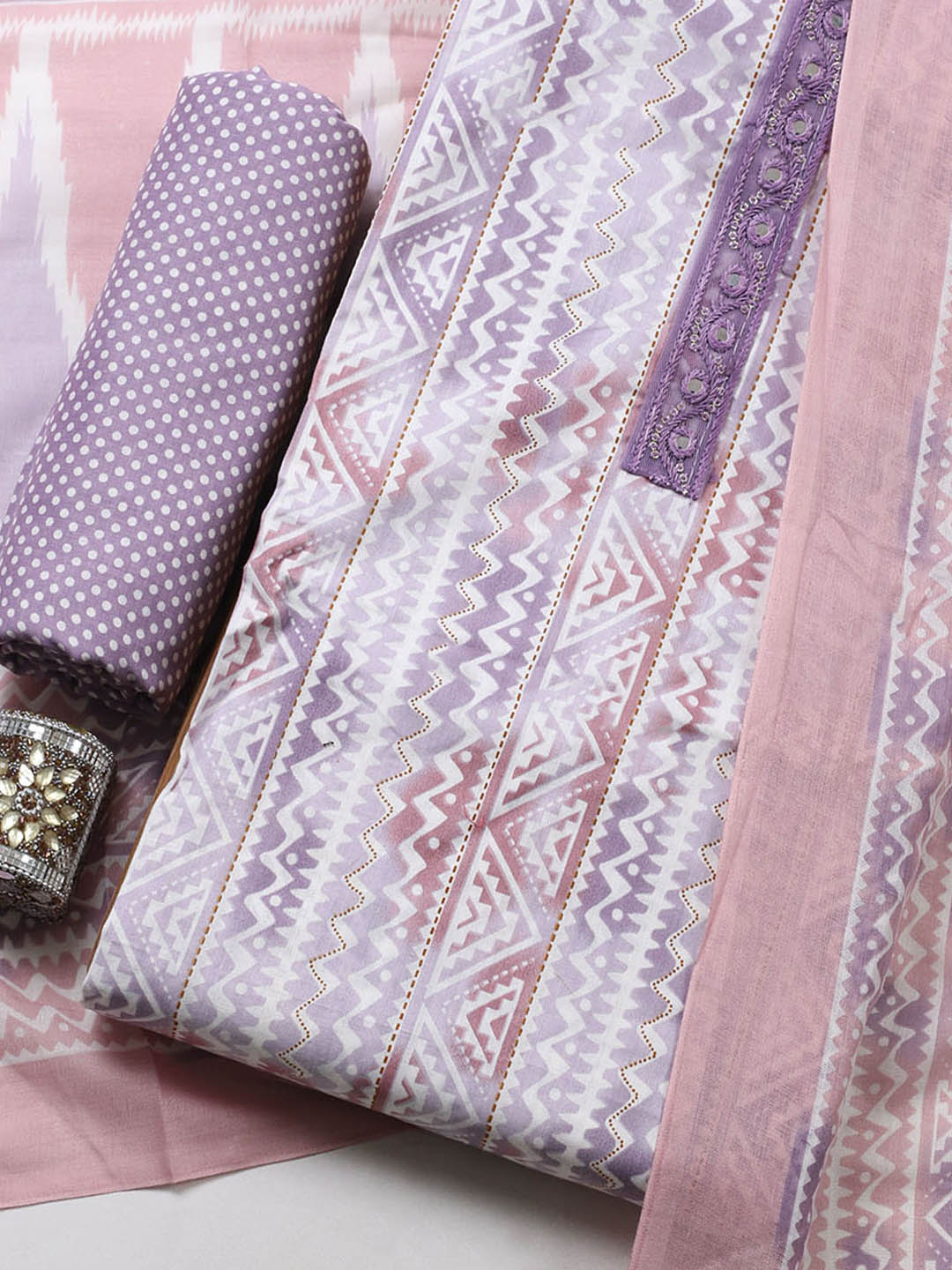 Printed Cotton Blend Unstitched Suit With Pant &amp; Dupatta