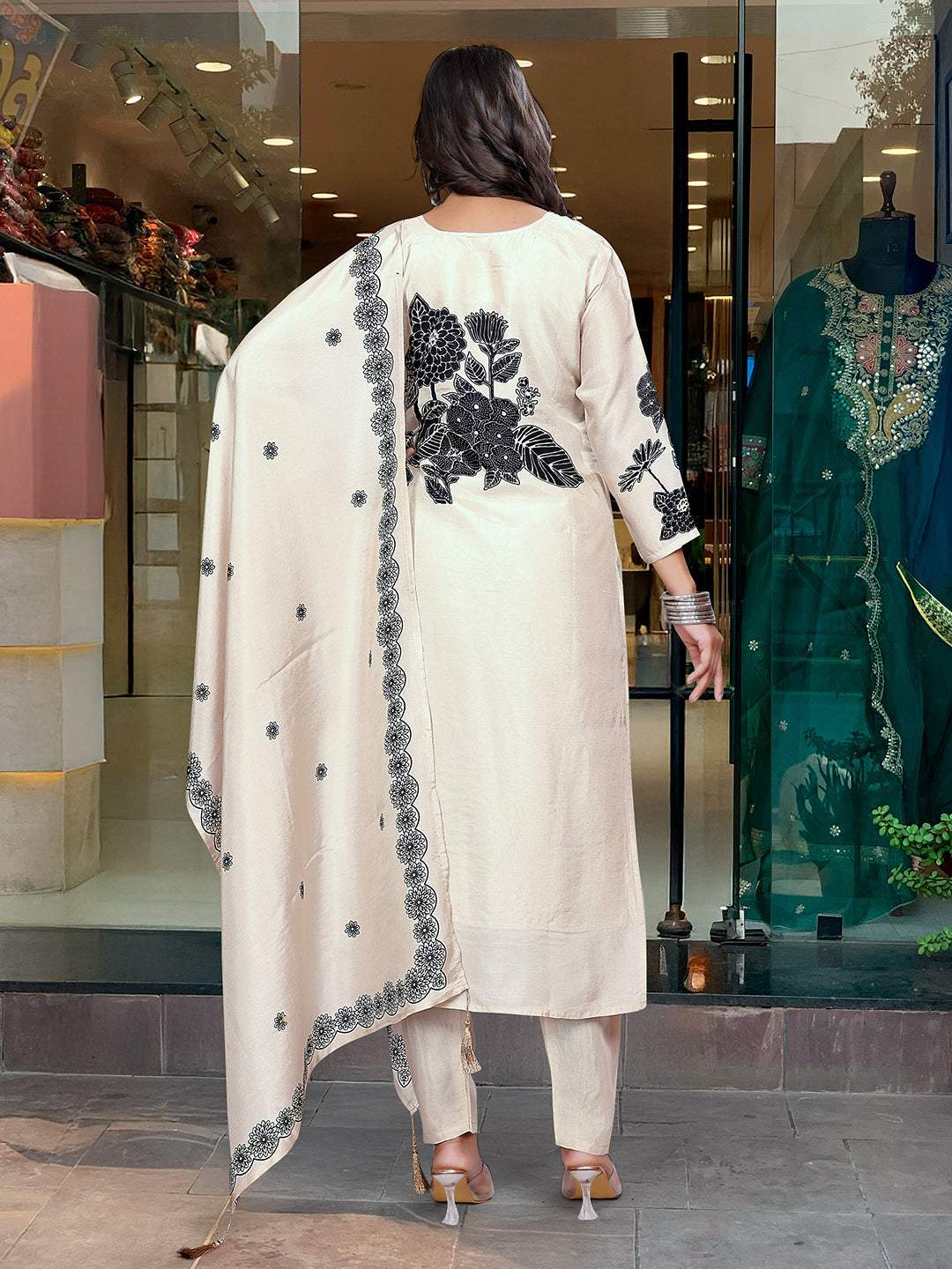 Printed Art Silk Kurta With Pants &amp; Dupatta