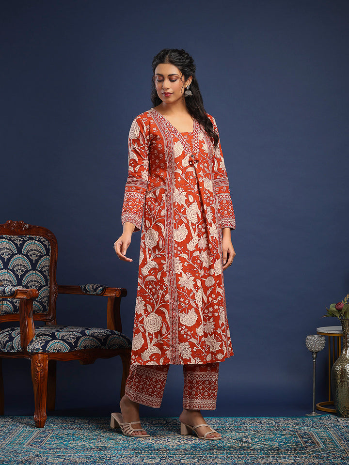Rust Cotton Blend Printed A Line Suit Set