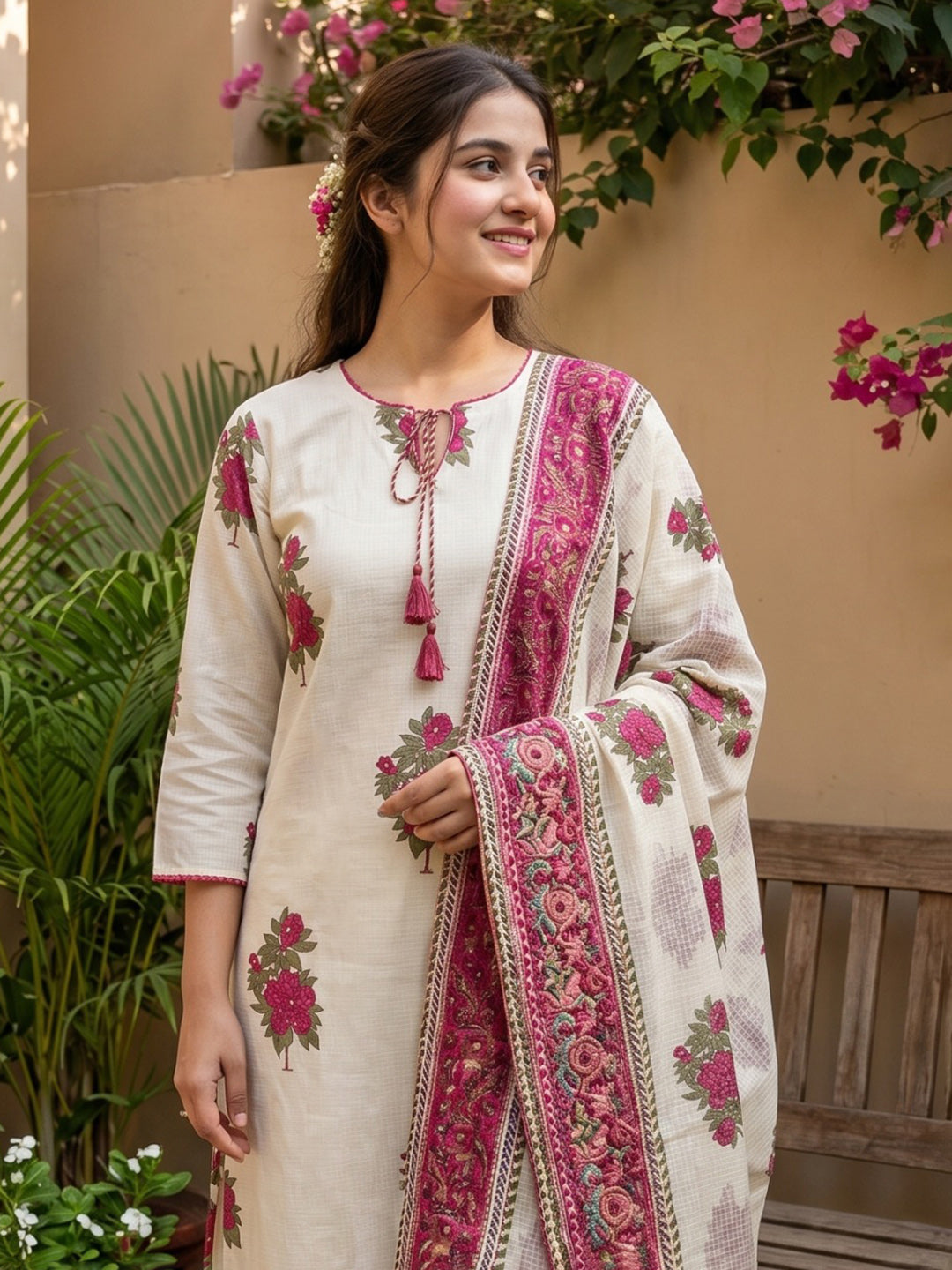 Pink Embroidered Cotton Blend Straight V Neck Suit Set