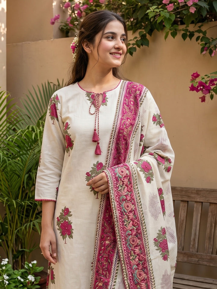 Pink Embroidered Cotton Blend Straight V Neck Suit Set