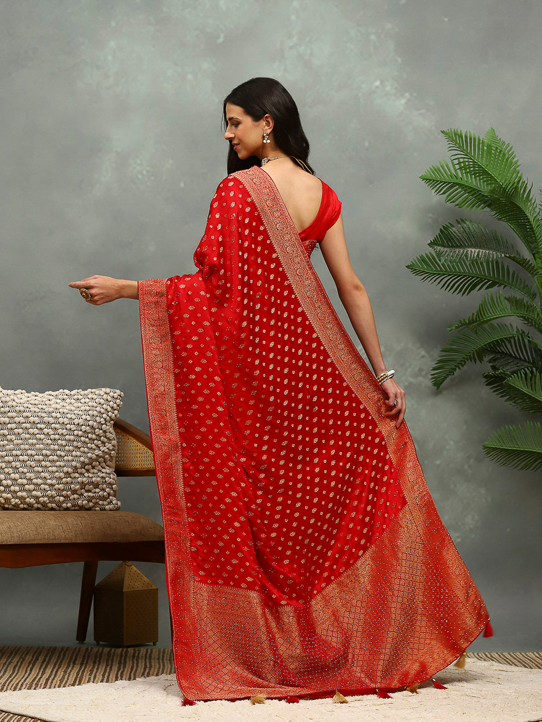 Stone Work Satin Embroidery Saree