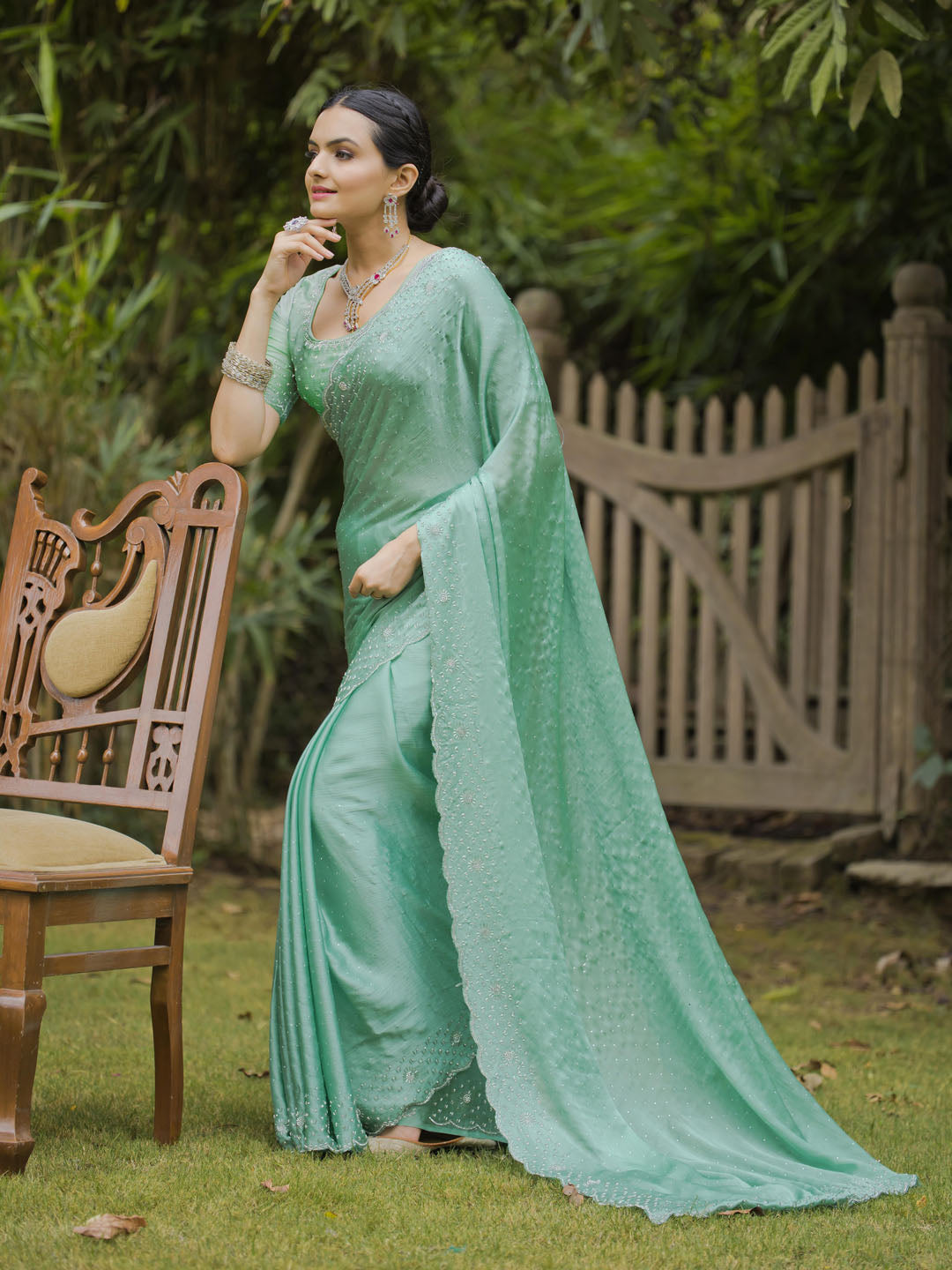 Cutdana Embroidered Chinon Saree