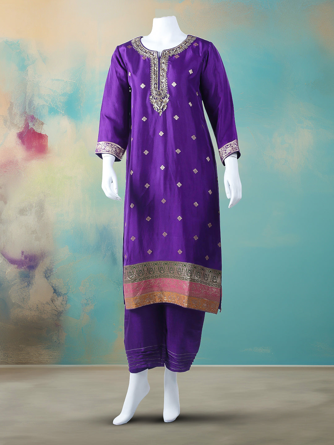 Embroidered Cotton Blend Stitched Kurta With Pant &amp; Dupatta