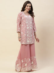 Resham Embroidery Georgette Kurta With Sharara & Dupatta