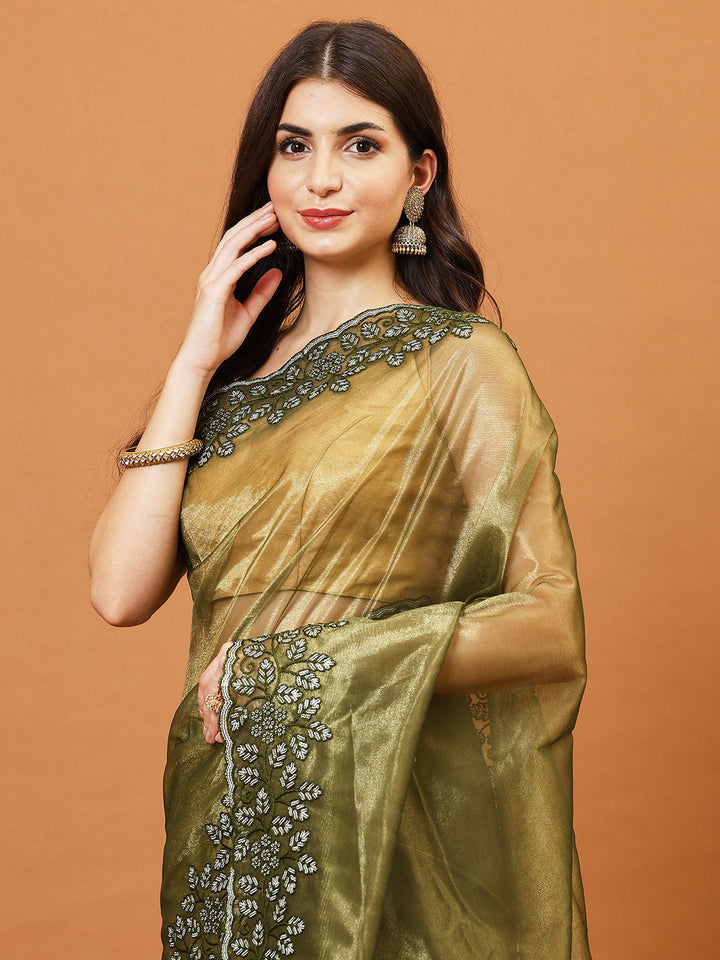 Plain Thread Border Embroidered Tissue Saree