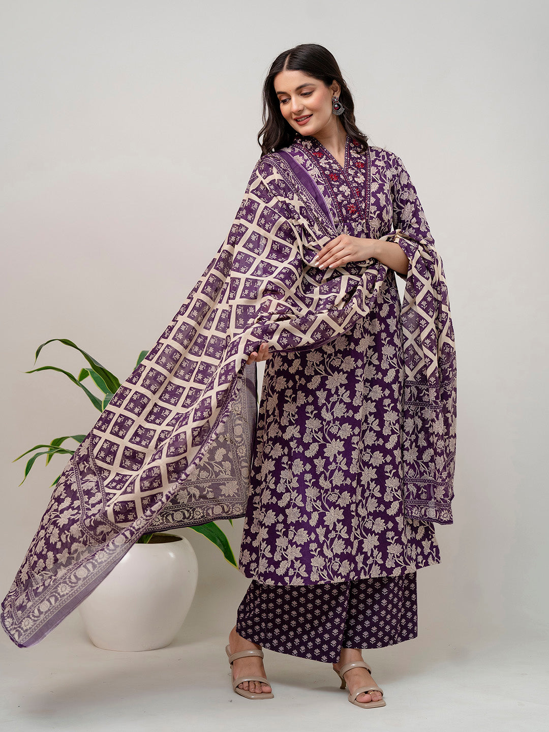 Floral Parinted Cotton Kurta With Pants &amp; Dupatta