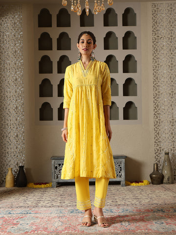 Sequin Embroidery Cotton Blend  Kurta With Pants