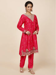 Zari Neck Embroidered Chinnon Kurti With Pants & Dupatta