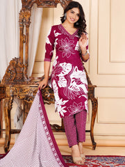 Floral Printed Cotton Blend Kurta With Pants & Dupatta