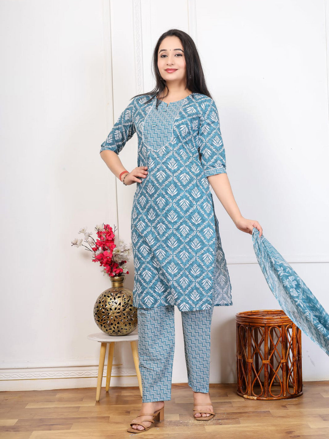 Blue Embroidered Cotton Blend Straight Suit Set With Dupatta