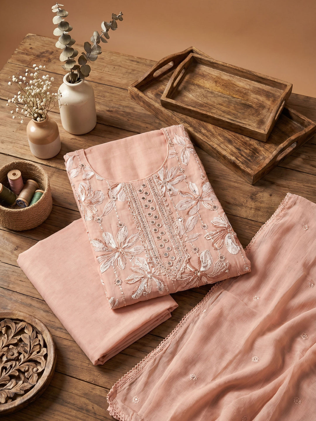Neck Embroidered Cotton Blend Unstitched Suit With Dupatta