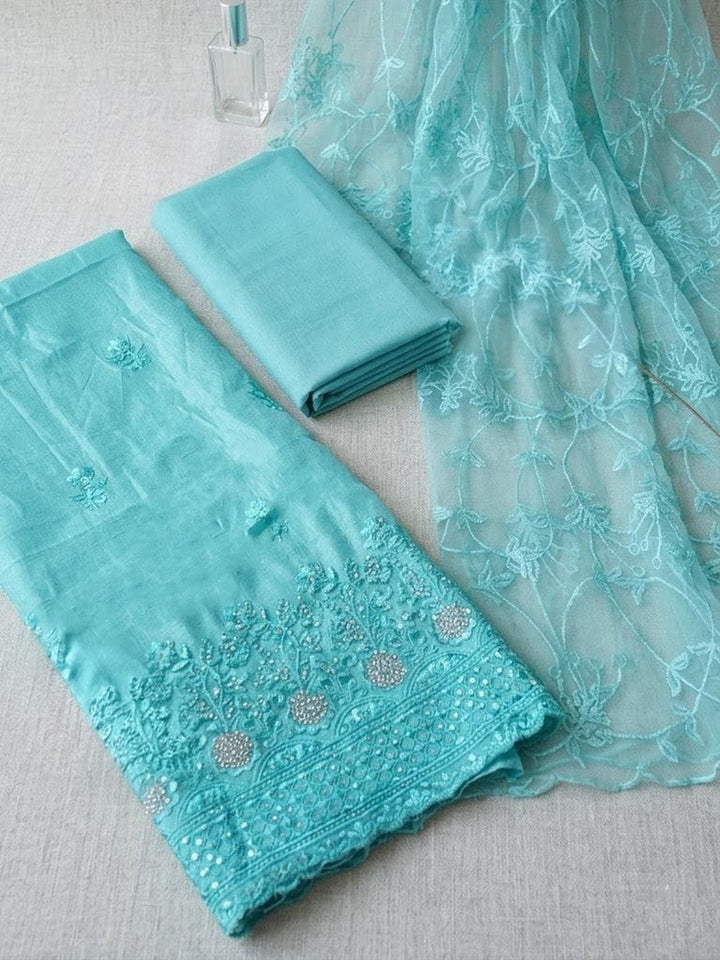Embroidered Chanderi Unstitched Suit With Pant &amp; Dupatta
