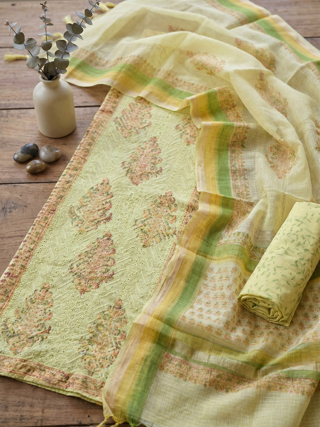 Printed Cotton Blend Unstitched Suit With Pant &amp; Dupatta