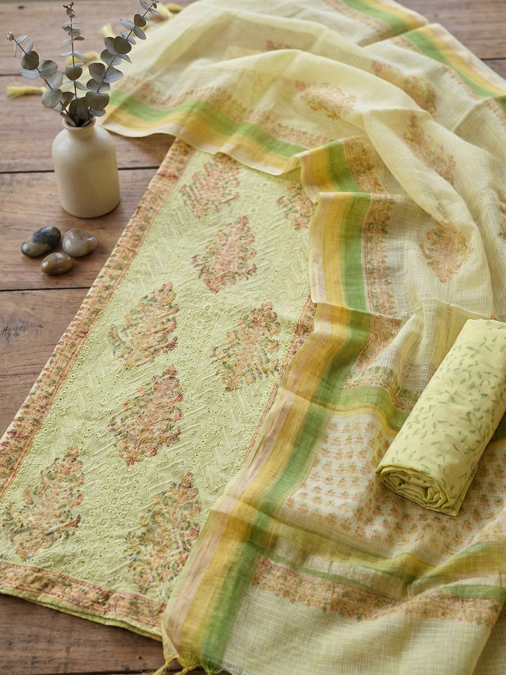 Printed Cotton Blend Unstitched Suit With Pant &amp; Dupatta