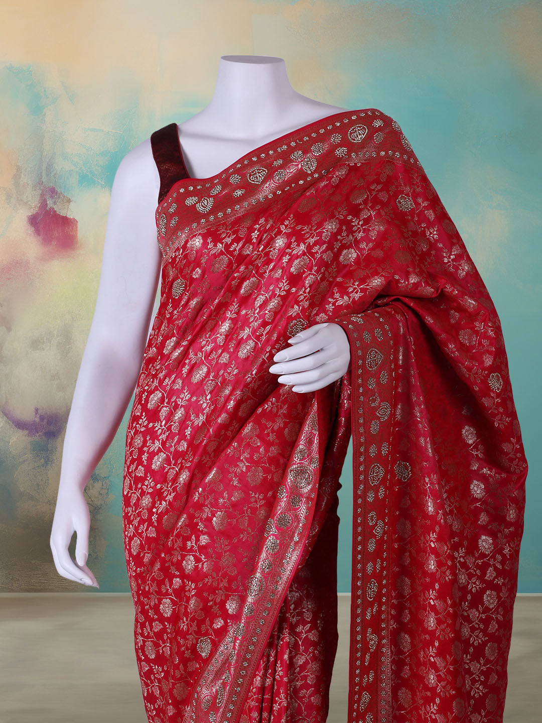 Stone Work Satin Embroidery Saree