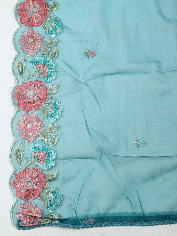 Embroidered Chanderi Unstitched Suit With Pant &amp; Dupatta