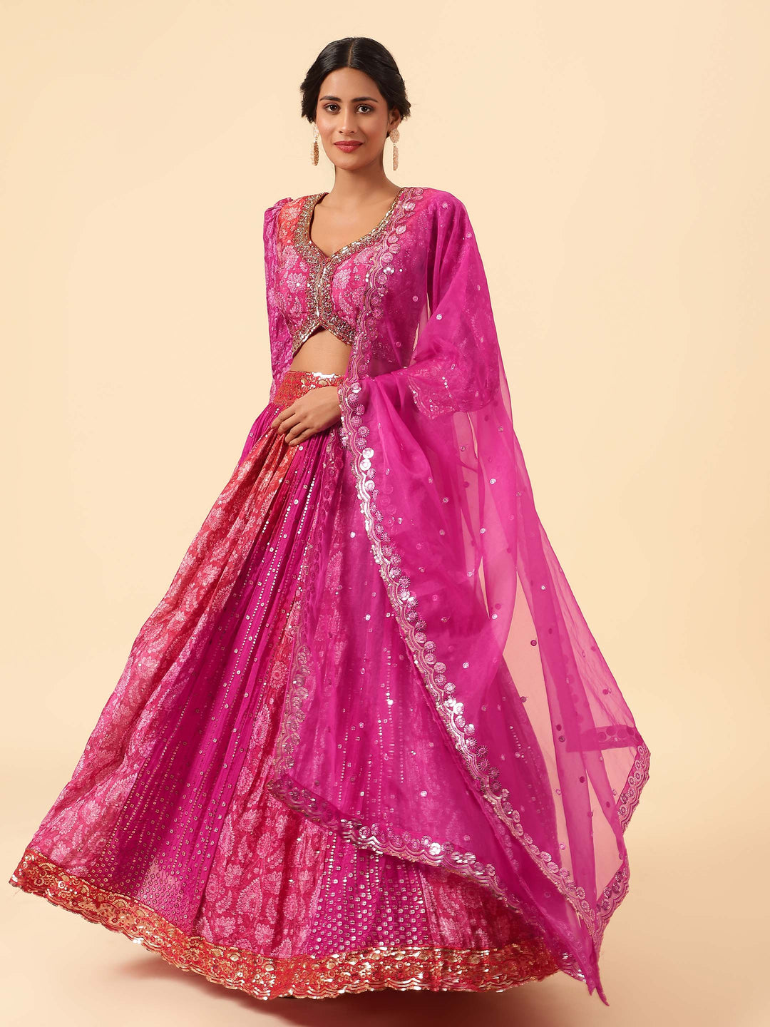 Sequin Embroidered Crepe Choli With Lehenga &amp; Dupatta