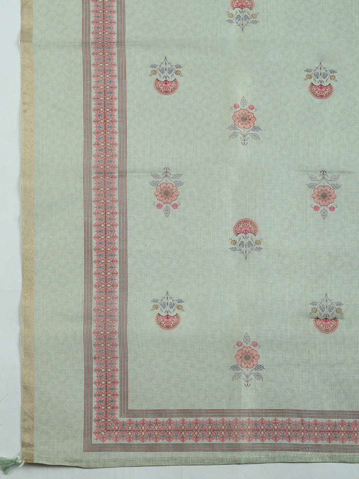 Printed Linen Blend Unstitched Suit With Pant &amp; Dupatta