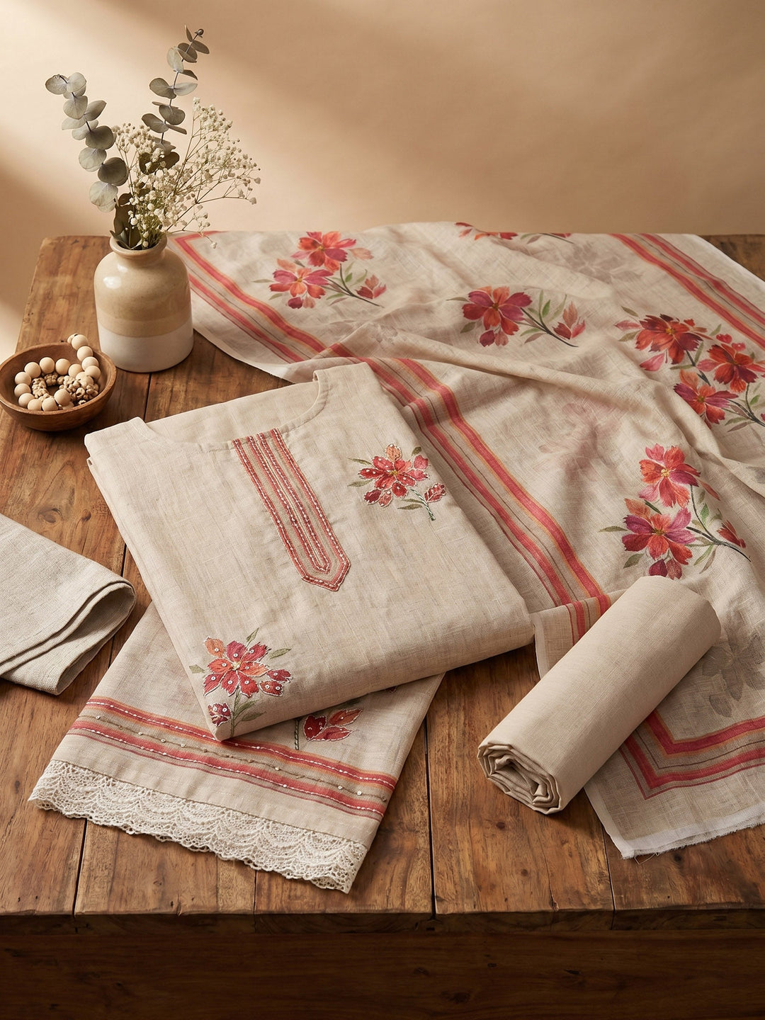 Printed Linen Unstitched Suit With Dupatta