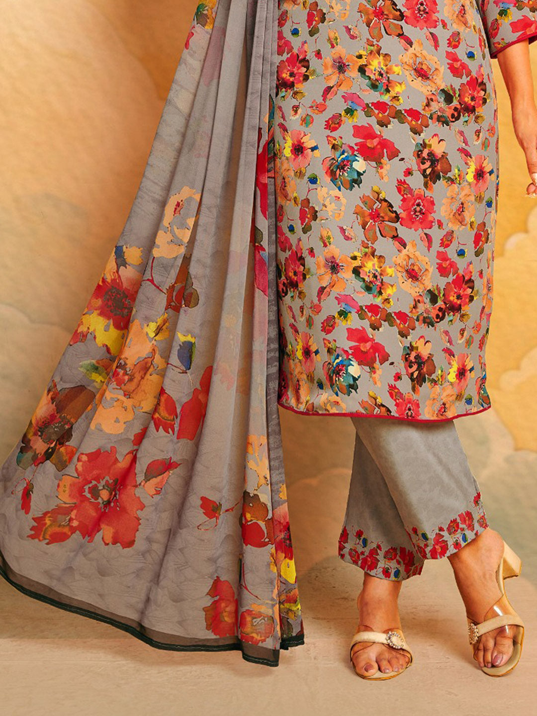 Printed Crepe Unstitched Suit With Pant &amp; Dupatta