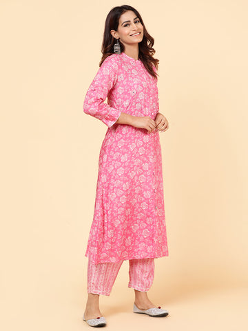 Floral Printed A-Line Cotton Kurta With Pants