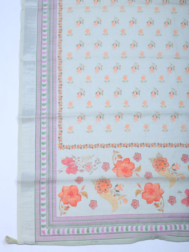 Printed Linen Blend Unstitched Suit With Pant &amp; Dupatta