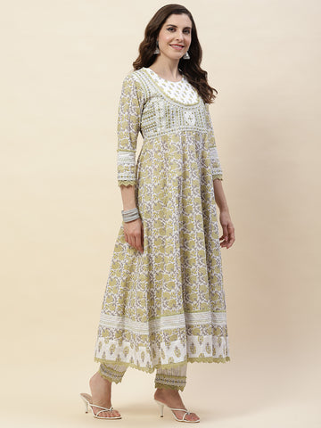 Printed Cotton Kurta With Pants & Dupatta