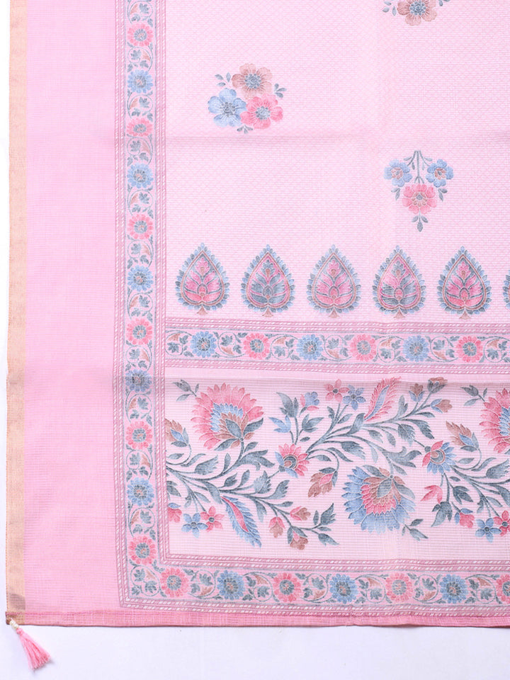 Printed Linen Blend Unstitched Suit With Pant &amp; Dupatta
