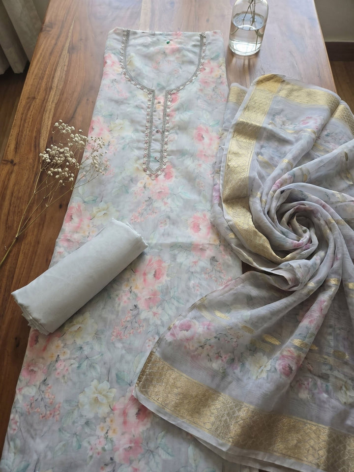 Neck Embroidered Chanderi Unstitched Suit With Dupatta