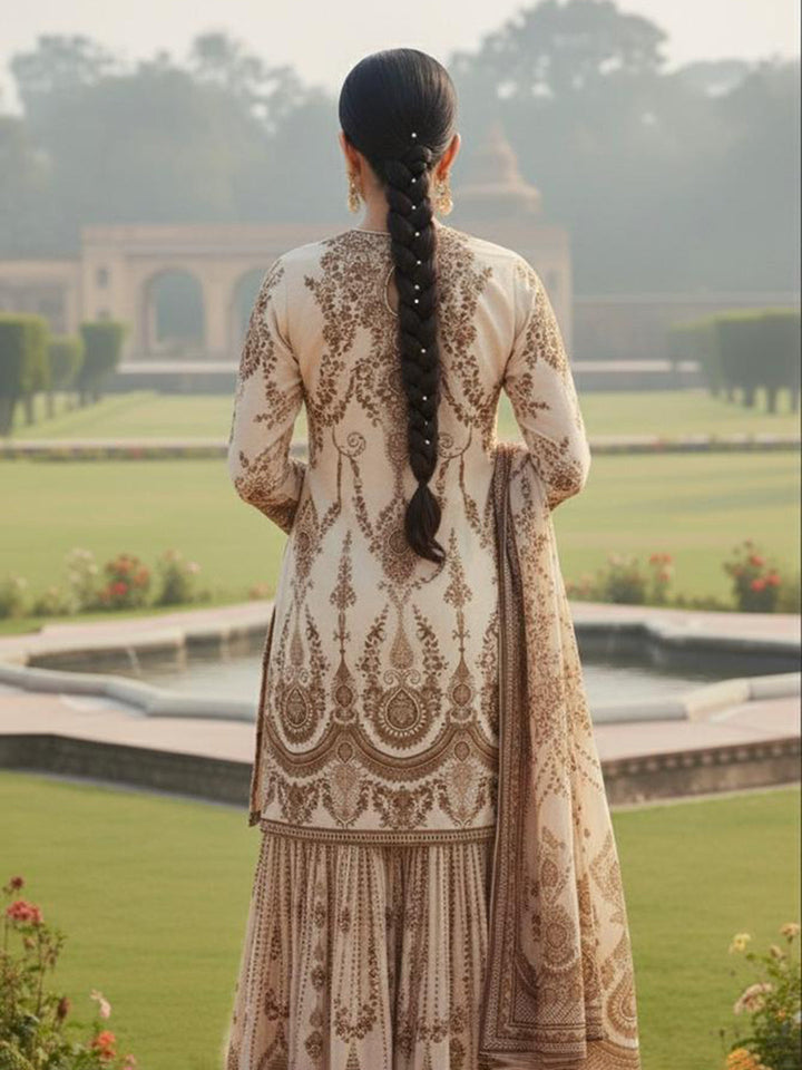 Embroidered Muslin Kurta With Gharara &amp; Dupatta