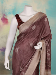 Printed Tussar Brown Saree