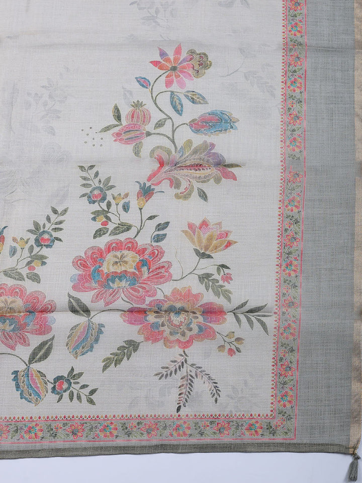 Embroidered Linen Blend Unstitched Suit With Pant Dupatta