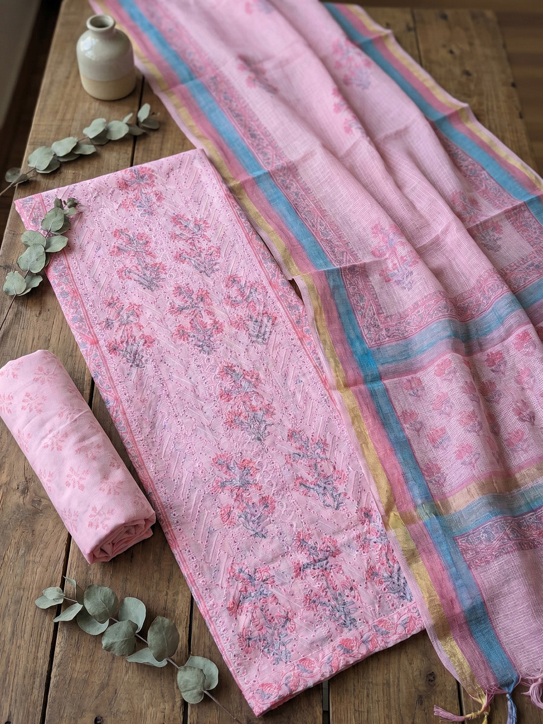 Printed Cotton Blend Unstitched Suit With Pant &amp; Dupatta