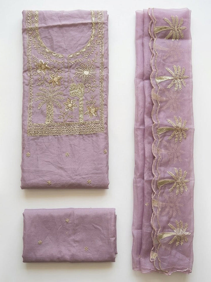 Embroidered Chanderi Unstitched Suit With Pant &amp; Dupatta