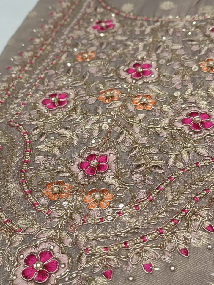 Embroidered Chanderi Unstitched Suit With Pant &amp; Dupatta