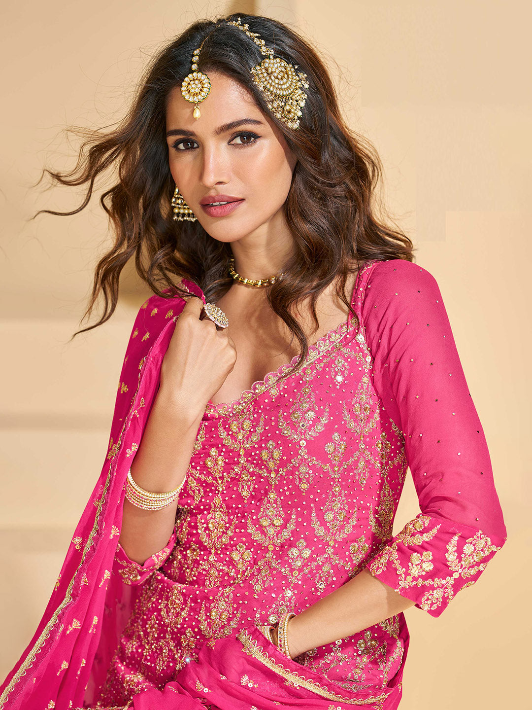 Embroidered Georgette Kurti With Skirt &amp; Dupatta