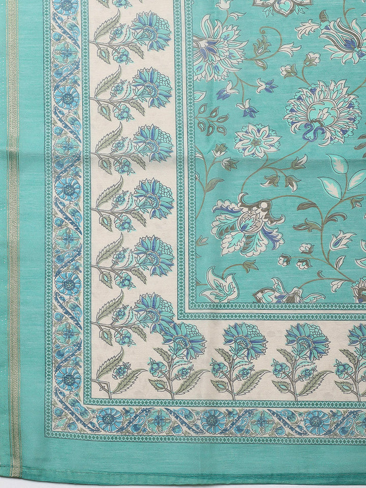 Printed Chanderi Unstitched Suit With Pant &amp; Dupatta