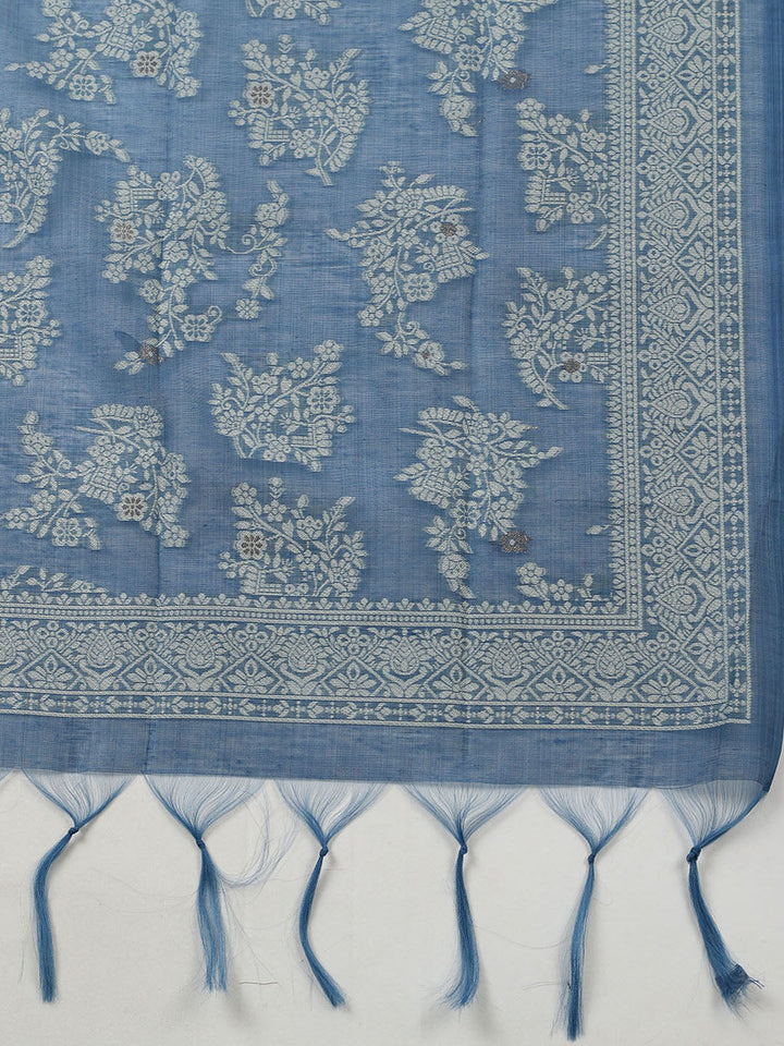 Printed Chanderi Unstitched Suit With Pant &amp; Dupatta